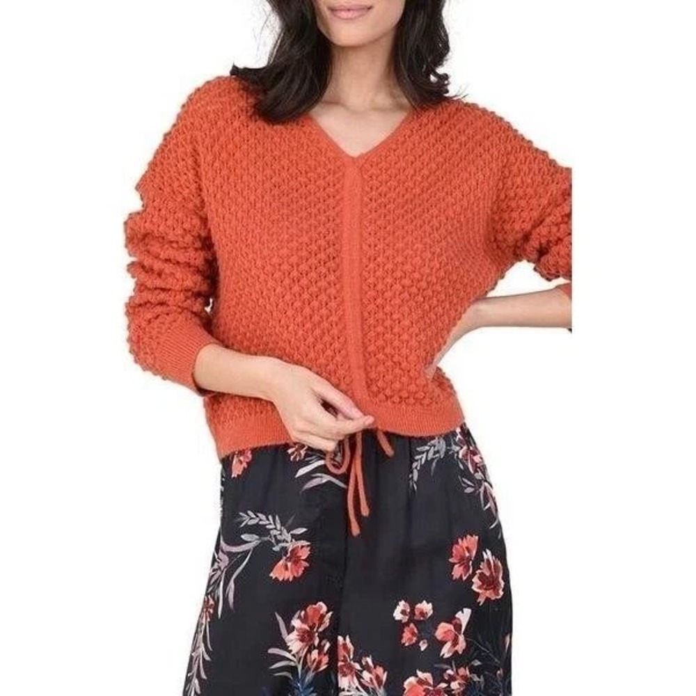 Chunky Knit Sweater Molly Bracken‎ Womens S Burnt Orange Popcorn Tie Hem Boho